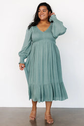 Lainey Smocked Dotted Midi Dress | Dark Sage